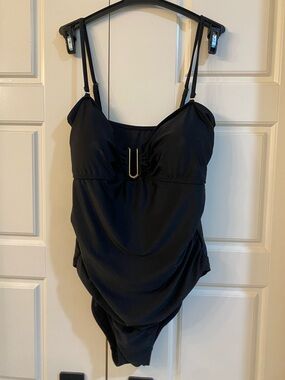 Catherine Malandrino Black One Piece Swimsuit+ Sheer Cover ups + Gold accents
